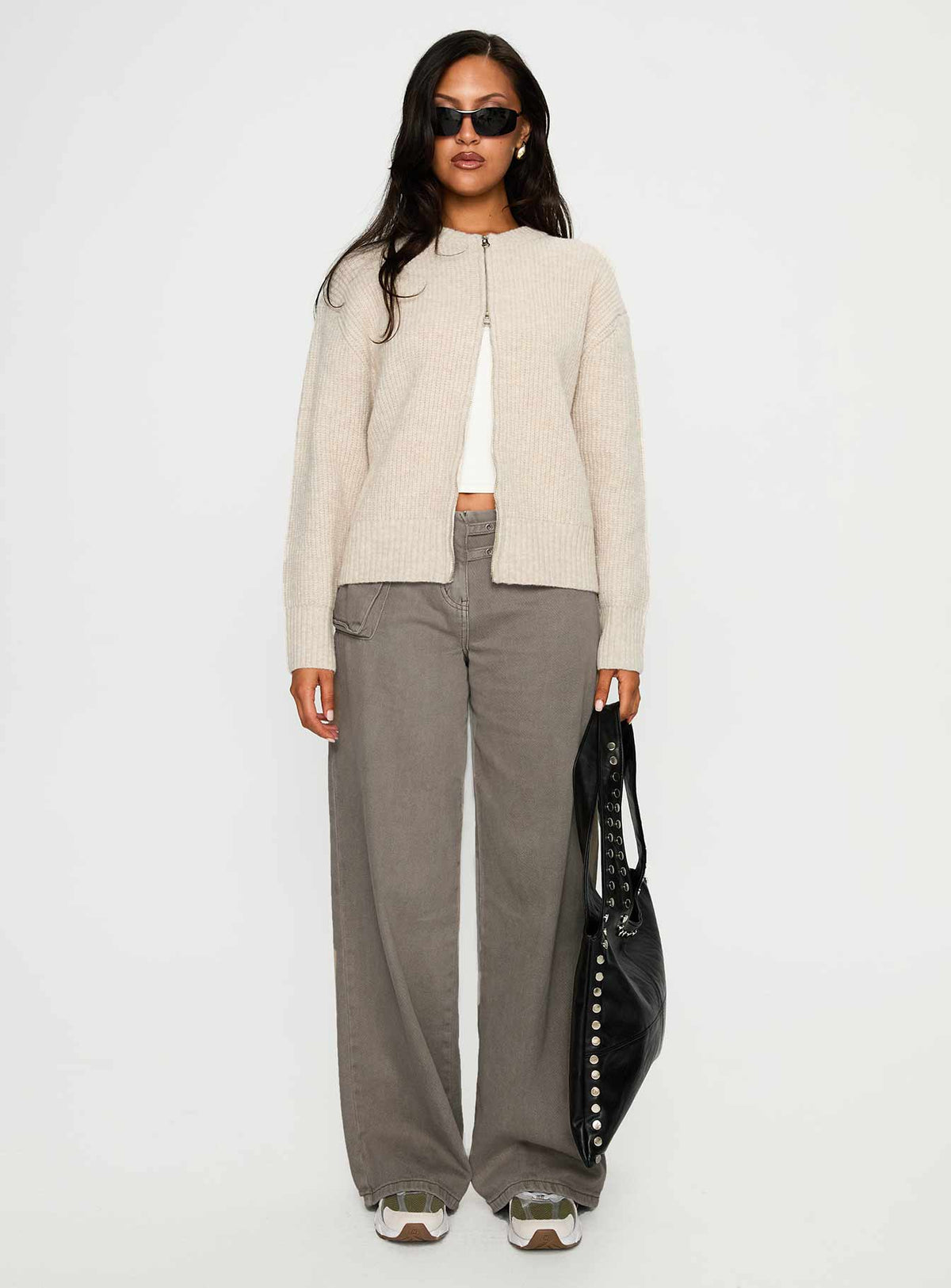 front view of model wearing Princess Polly Lexene Zip Through Jumper Oat Cropped Jumpers Jumpers 
