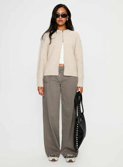 front view of model wearing Princess Polly Lexene Zip Through Jumper Oat Cropped Jumpers Jumpers 