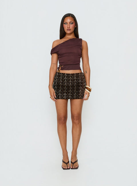 Showcase the Zaraya Sequin Mini Skirt Brown womens-skirts mini length front view of model wearing