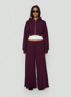 Featuring Kaeya Fleece Wide Leg Low Rise Pants in Plum womens-regular-pants front view of model wearing Princess Polly