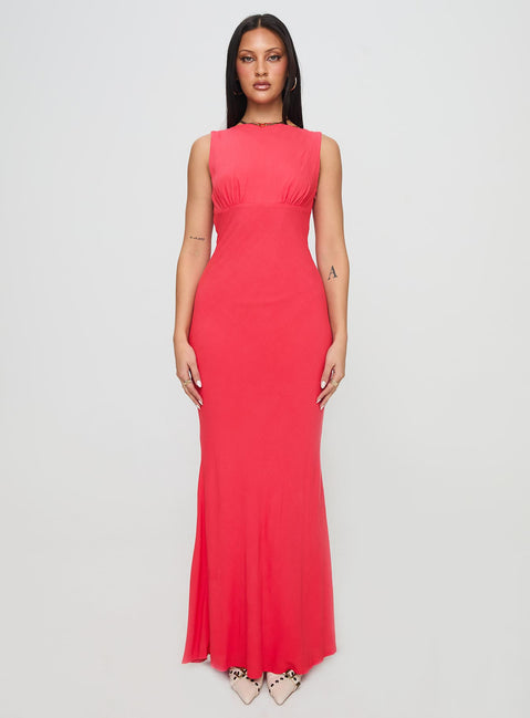 front view of model wearing Princess Polly Bourne Maxi Dress Red Crew Neck 