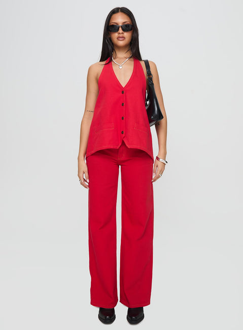 front view of model wearing Princess Polly Top Model Jeans Red Mid Rise Jeans Jeans 