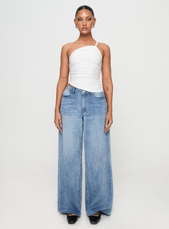 side view of model wearing Princess Polly Elowyn Top White Sleeveless Asymmetric Neckline 