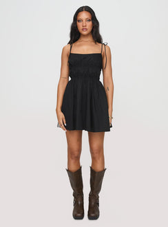 front view of model wearing Princess Polly Jacksonne Mini Dress Black Square Neck 