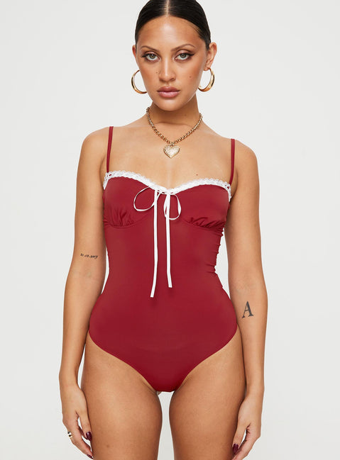front view of model wearing Princess Polly Damsel Bodysuit Burgundy Sleeveless Bodysuit 