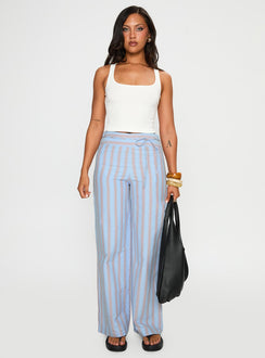 front view of model wearing Princess Polly Rush Hours Pants Blue Multi High Rise Pants Pants 