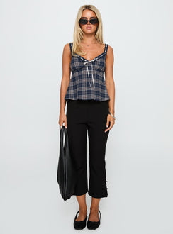 front view of model wearing Princess Polly Pretty It Up Tie Detail Top Blue Check Sleeveless V-Neck 