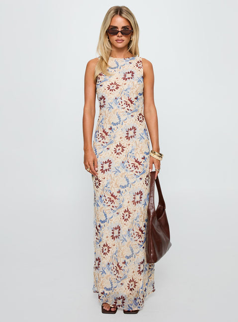 front view of model wearing Princess Polly Roam Free Maxi Dress Multi Crew Neck 