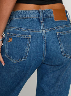 back view of model wearing Princess Polly On Sunset Mid Rise Straight Leg Jeans Dark Wash Mid Rise Jeans Jeans 