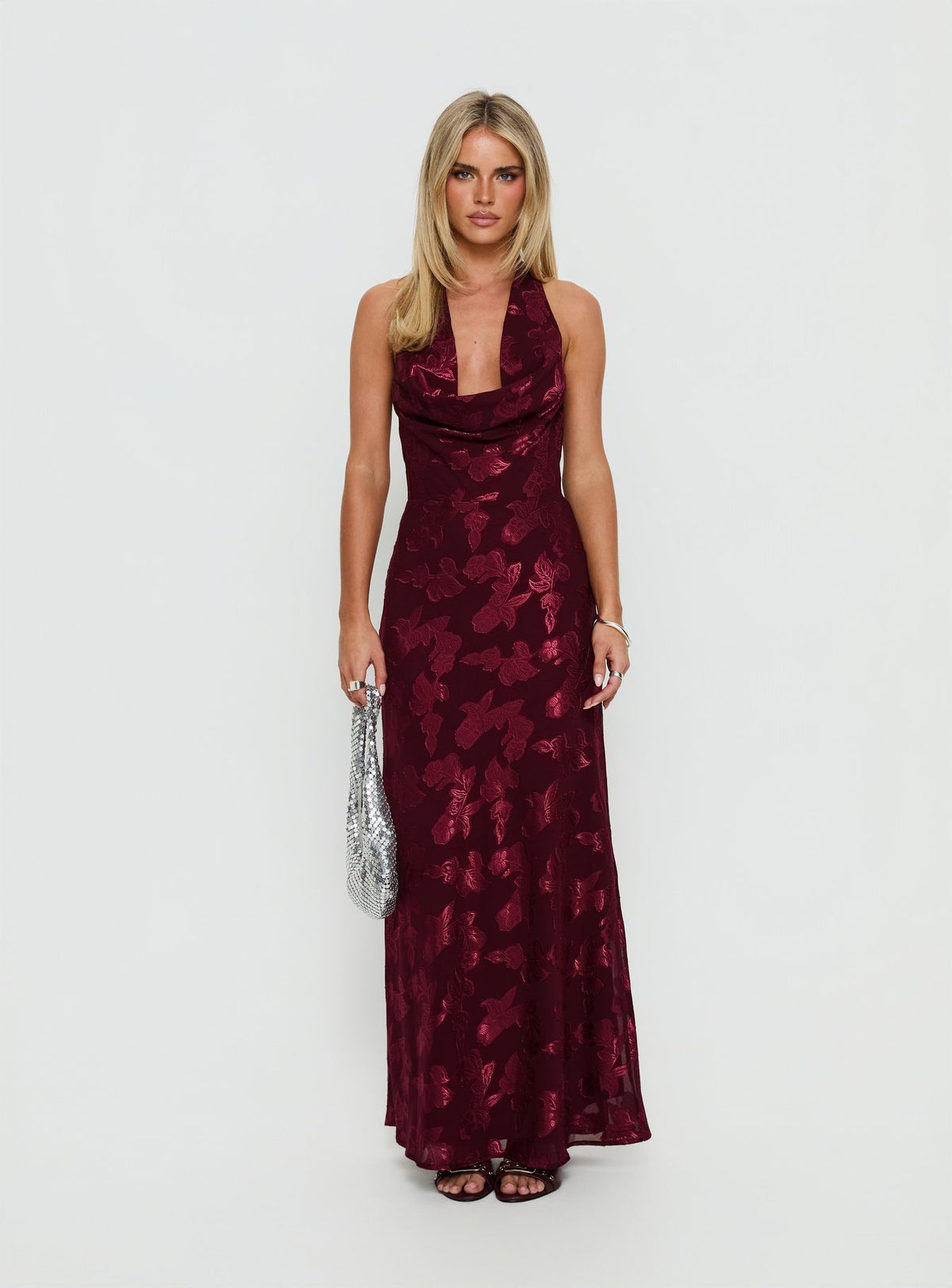 Jazminah Halter Cowl Neck Maxi Dress Burgundy