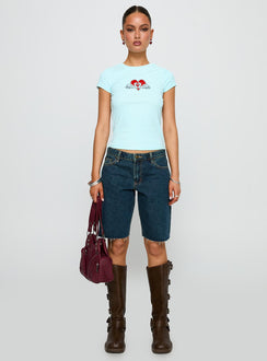 front view of model wearing Princess Polly Sweet Swans Baby Tee Blue Short Sleeves Crew Neck 