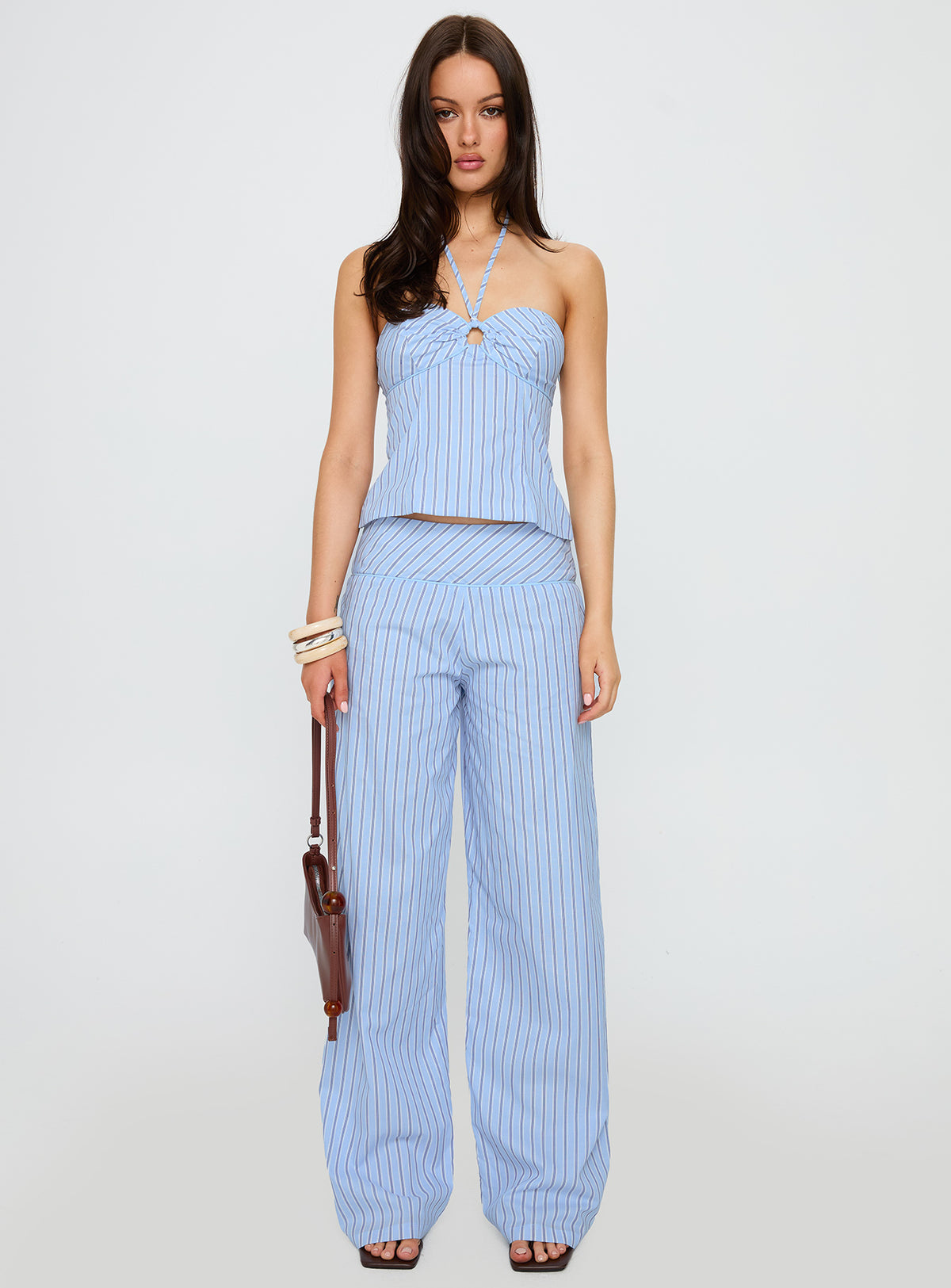front view of model wearing Princess Polly Sofea Mid Rise Pant Blue Stripe High Rise Pants Pants 