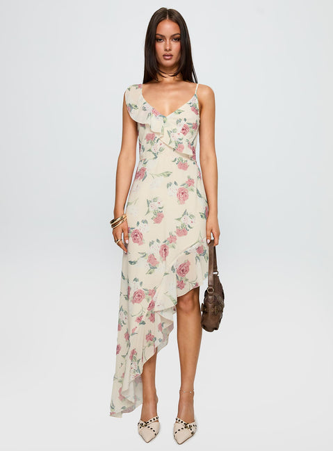 front view of model wearing Princess Polly Chrysalis Asymmetrical Midi Dress Multi Floral V-Neck 