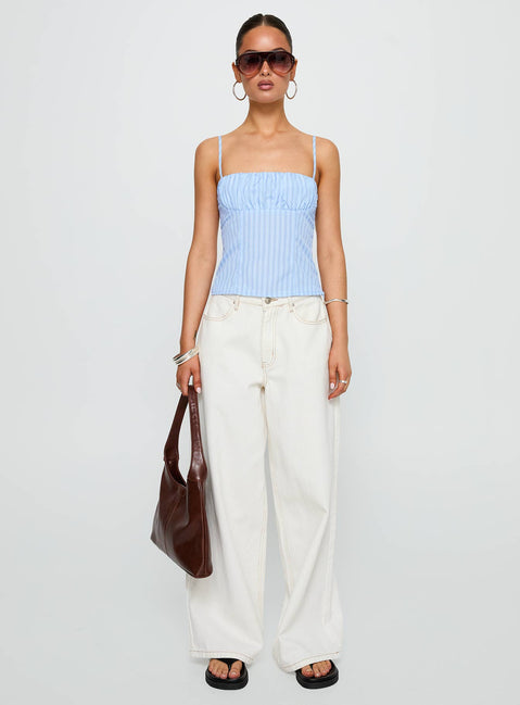 side view of model wearing Princess Polly Isolabella Top Blue Stripe Sleeveless Square Neck 