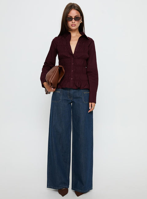 Cultivate Shirred Long Sleeve Top Plum