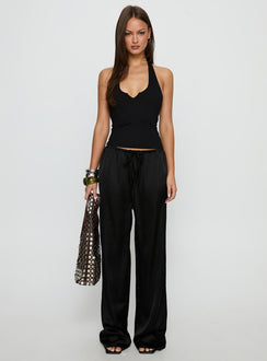 front view of model wearing Princess Polly Soulstar Satin Pants Black High Rise Pants Pants 