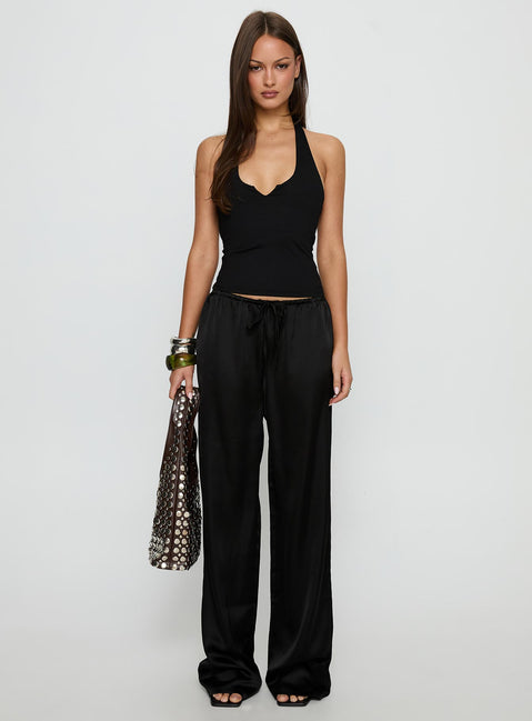 front view of model wearing Princess Polly Soulstar Satin Pants Black High Rise Pants Pants 