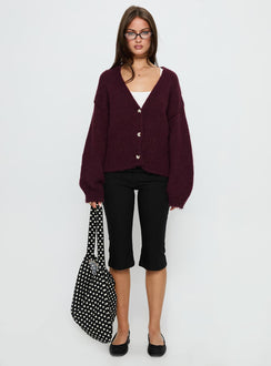 front view of model wearing Princess Polly Yasmyn Knit Cardigan Burgundy Longline Jumpers Jumpers 