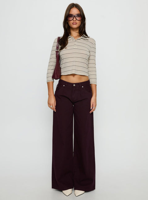 front view of model wearing Princess Polly Supercut Low Rise Baggy Pleat Jeans Currant Mid Rise Jeans Jeans 