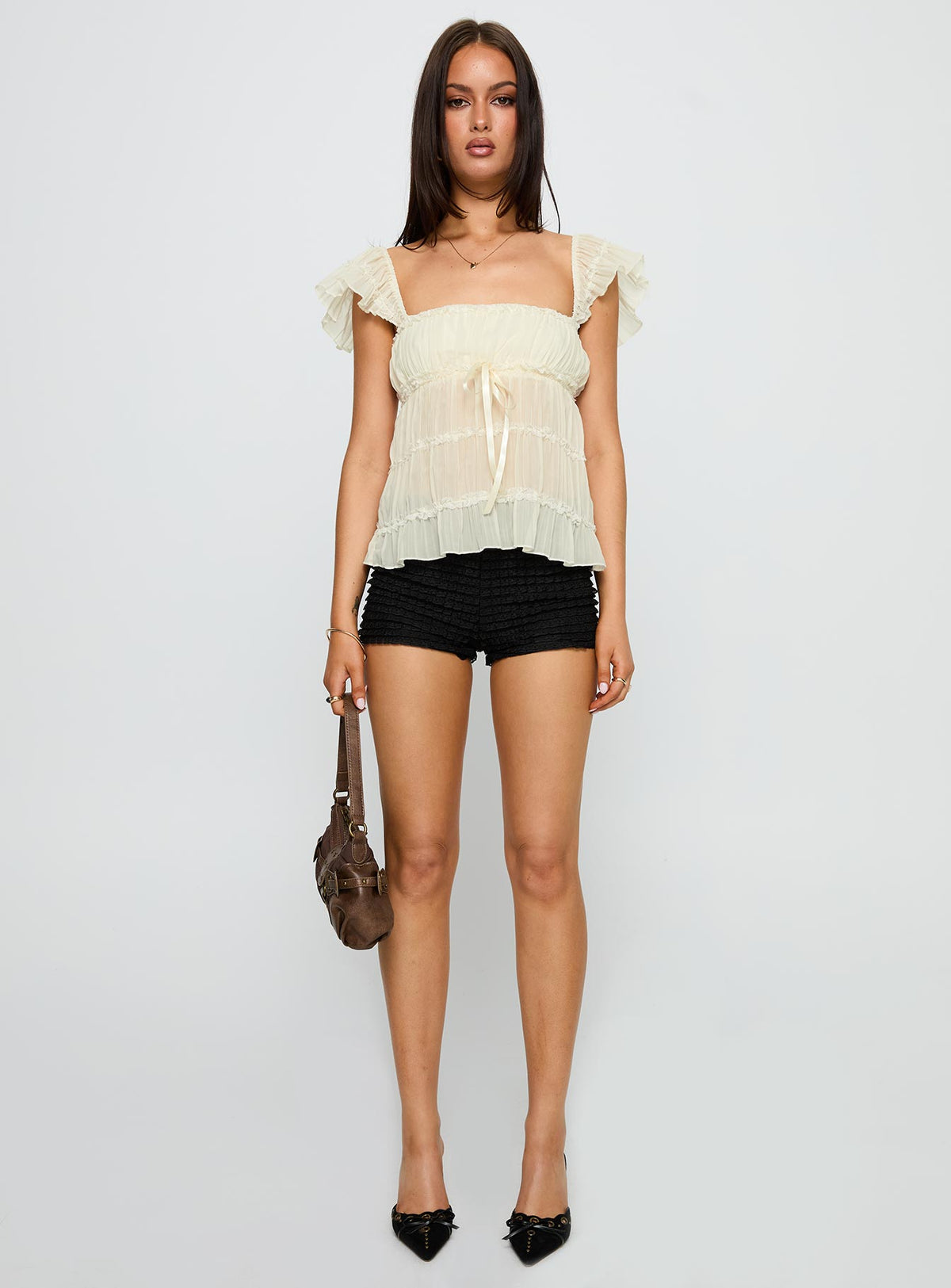 front view of model wearing Princess Polly Brighter Than Stars Tiered Top Cream Sleeveless Square Neck 