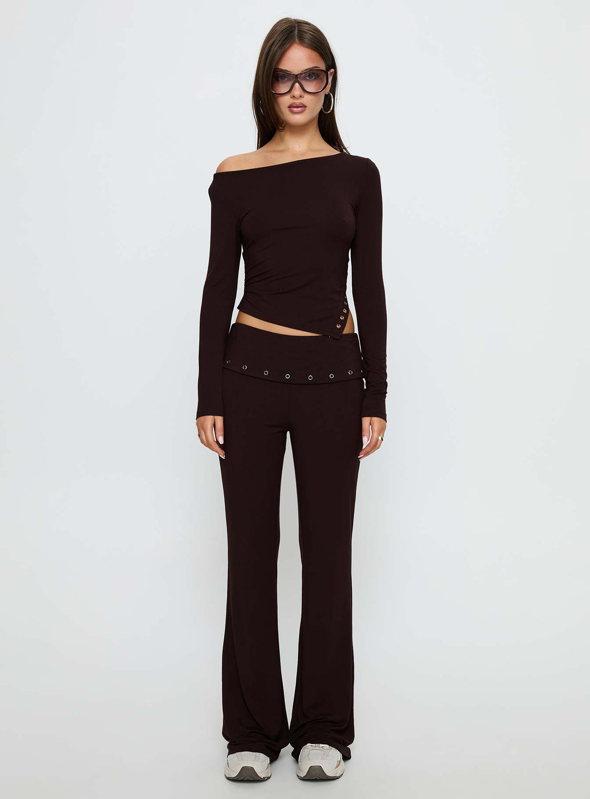 Wynna Eyelet Detail One Shoulder Top Chocolate