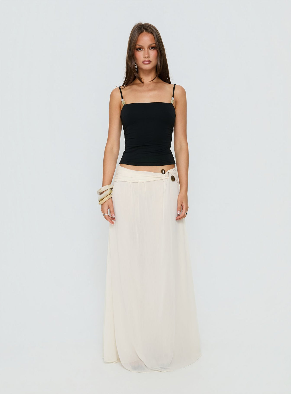   front view of model wearing Princess Polly Kaledia Chiffon Draped Maxi Skirt Cream Maxi Skirts Skirts 