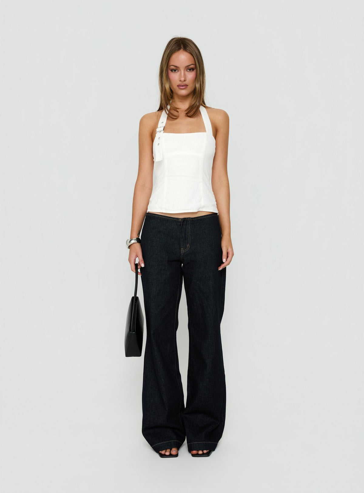 Hotshot Panelled Linen Blend Buckle Top White