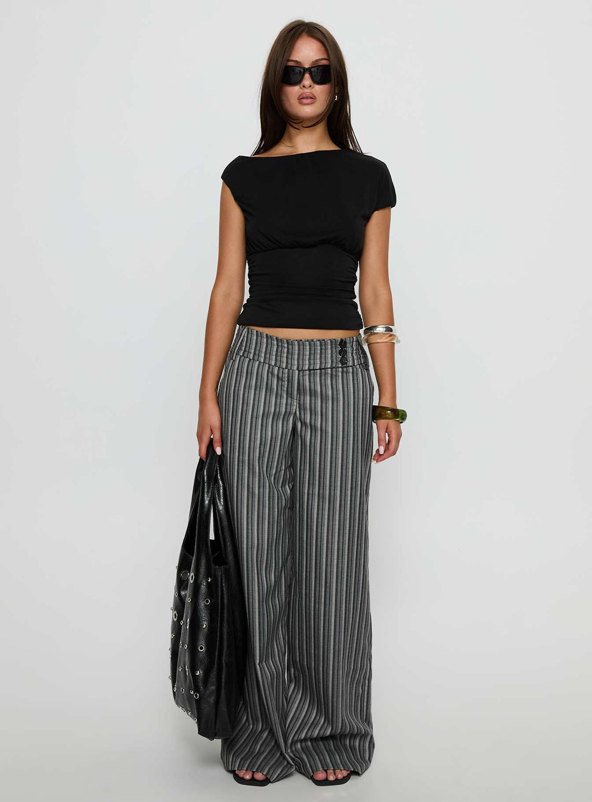 front view of model wearing Princess Polly Cedars Low Rise Pant Grey Stripe Low Rise Pants Pants 