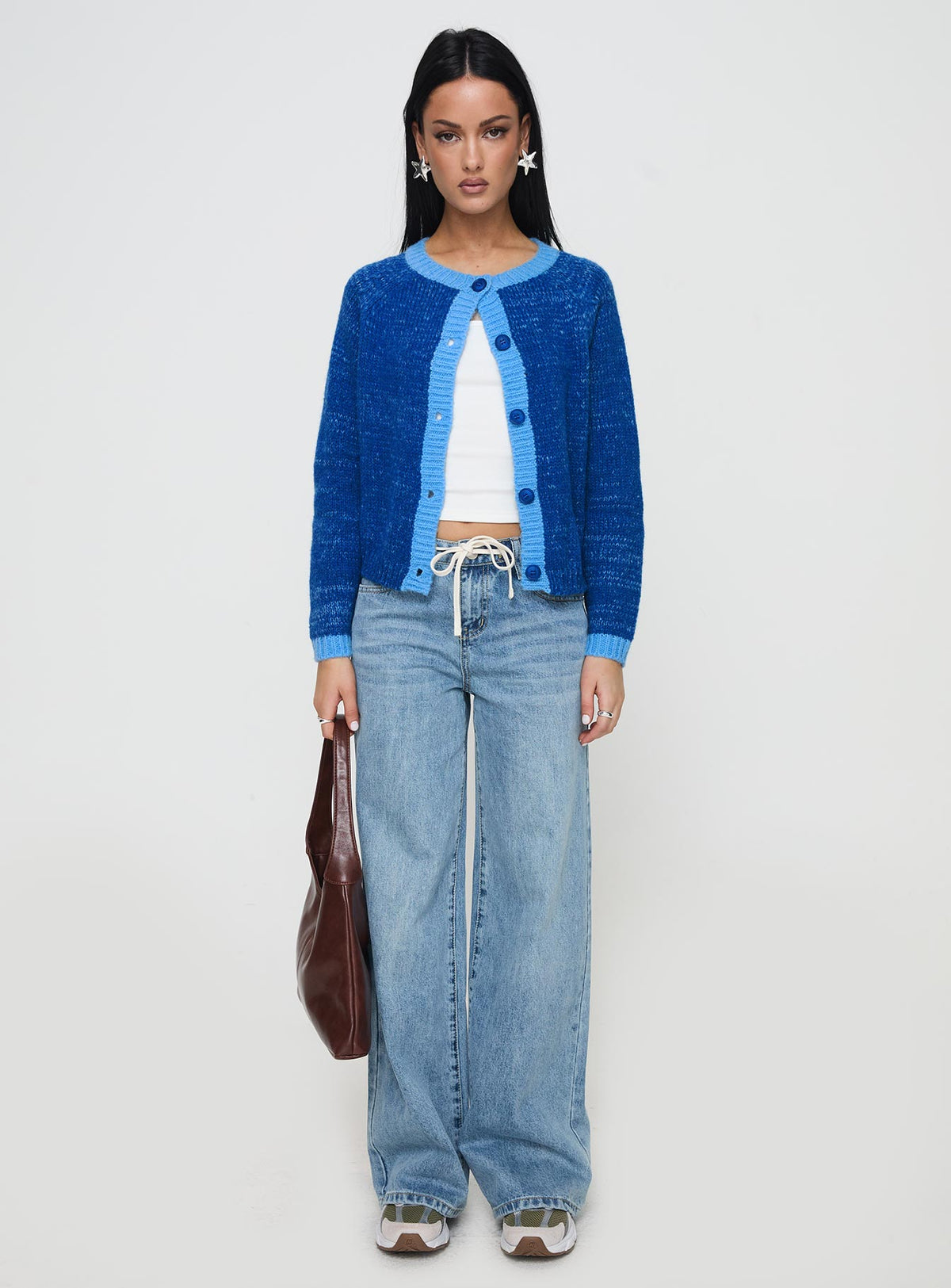 front view of model wearing Princess Polly Oak Meadow Cardigan Blue Jumpers 