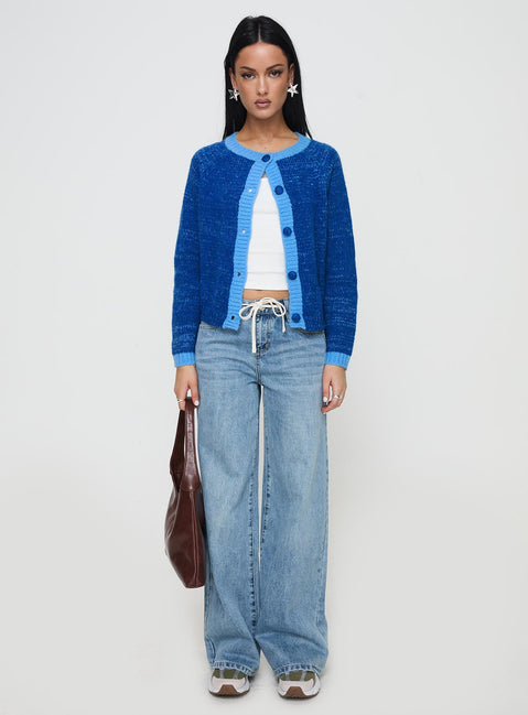 front view of model wearing Princess Polly Oak Meadow Cardigan Blue Jumpers 