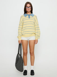 front view of model wearing Princess Polly Minda Collared Knit Sweater Yellow Stripe Jumpers 