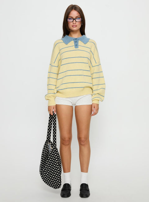 front view of model wearing Princess Polly Minda Collared Knit Sweater Yellow Stripe Jumpers 