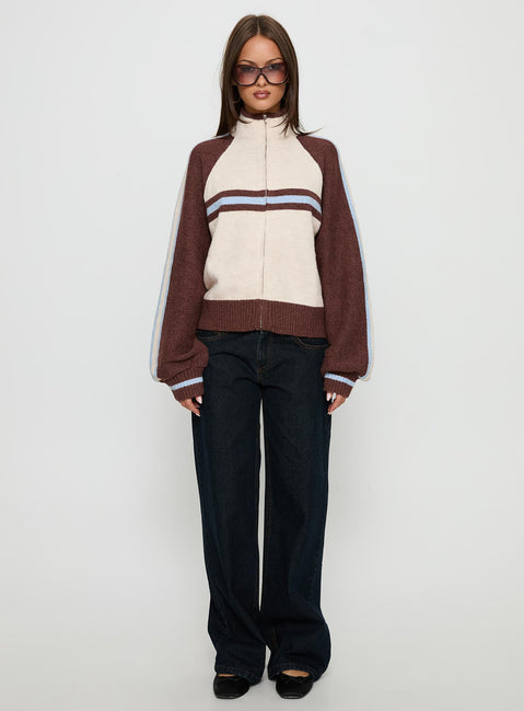 Explore the Lexanne Zip Through Knit Jumper Cream Multi womens-jumpers featuring short length front view of model wearing Princess Polly