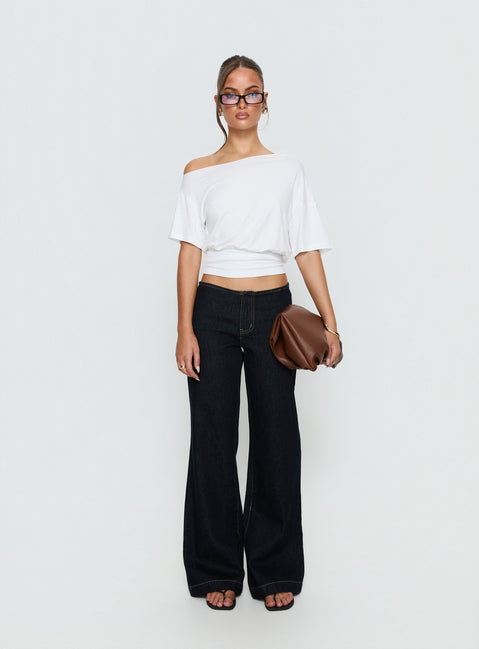 Showcasing Buenos No Waist Low Rise Straight Leg Jeans in Raw Denim womens-jeans with low-rise waist front view of model wearing