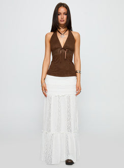   front view of model wearing Princess Polly Emanuella Lace Maxi Skirt White Maxi 