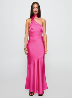 front view of model wearing Princess Polly Elixaire Scarf Maxi Dress Pink Asymmetric Neckline 
