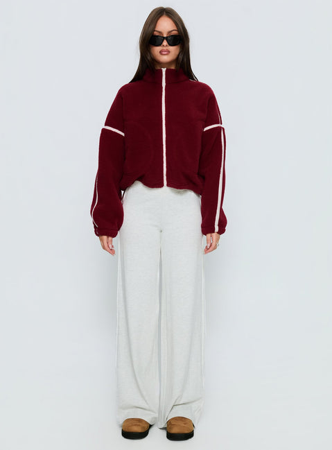 side view of model wearing Princess Polly Sammee Polar Fleece Contrast Zip Through Jacket Red Cropped Jumpers Jumpers 