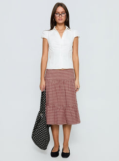   front view of model wearing Princess Polly Cascades Low Rise Midi Skirt Red Check Midi Skirts Skirts 