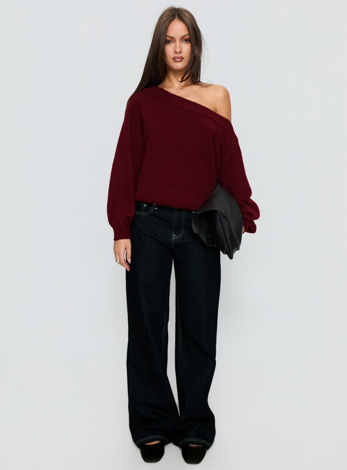 front view of model wearing Princess Polly Noble Off The Shoulder Sweater Red Cropped Jumpers 