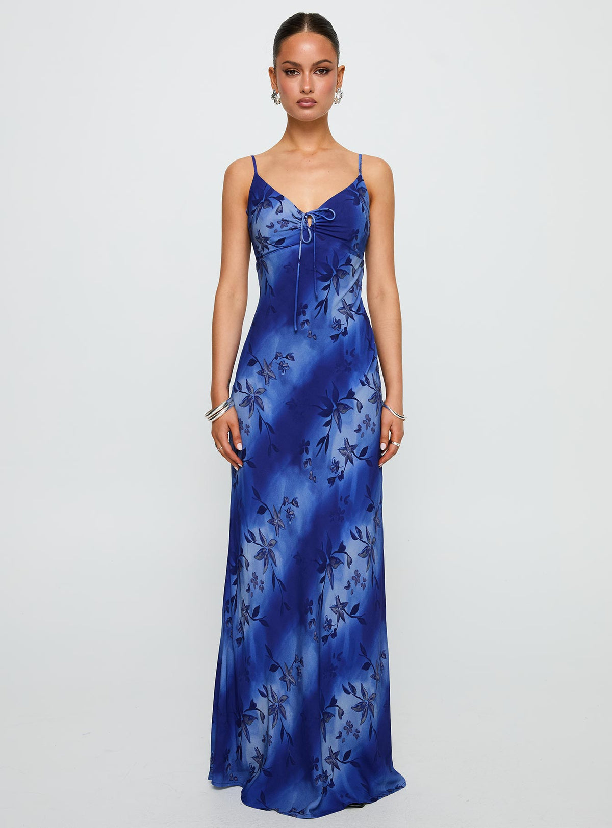 front view of model wearing Princess Polly Lauraline Maxi Dress Blue V-Neck 