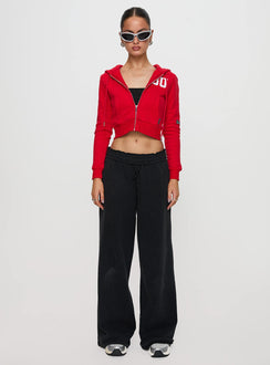 front view of model wearing Princess Polly BU MIA Zip Sweater Red cropped Jumpers 