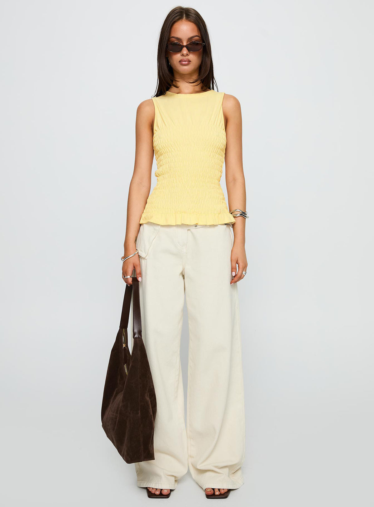 front view of model wearing Princess Polly Maybe Tomorrow Ruched Sleeveless Top Lemon Sleeveless Crew Neck 