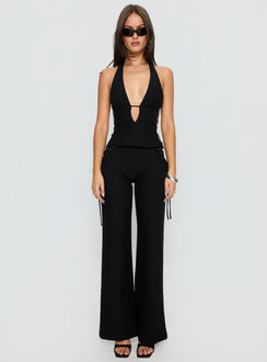 front view of model wearing Princess Polly Riane Lace Up Pants Black Mid Rise Pants Pants 