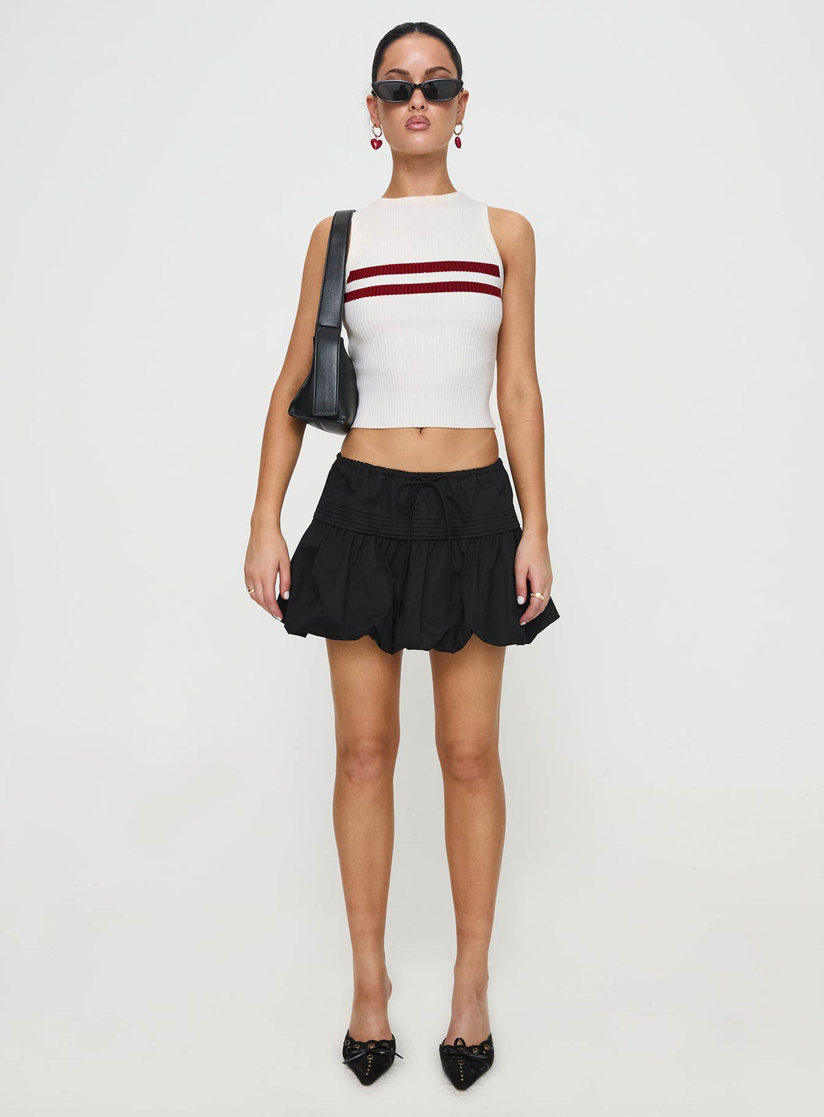   front view of model wearing Princess Polly Dear London Bubble Hem Mini Skirt Black Mini Skirts Skirts 