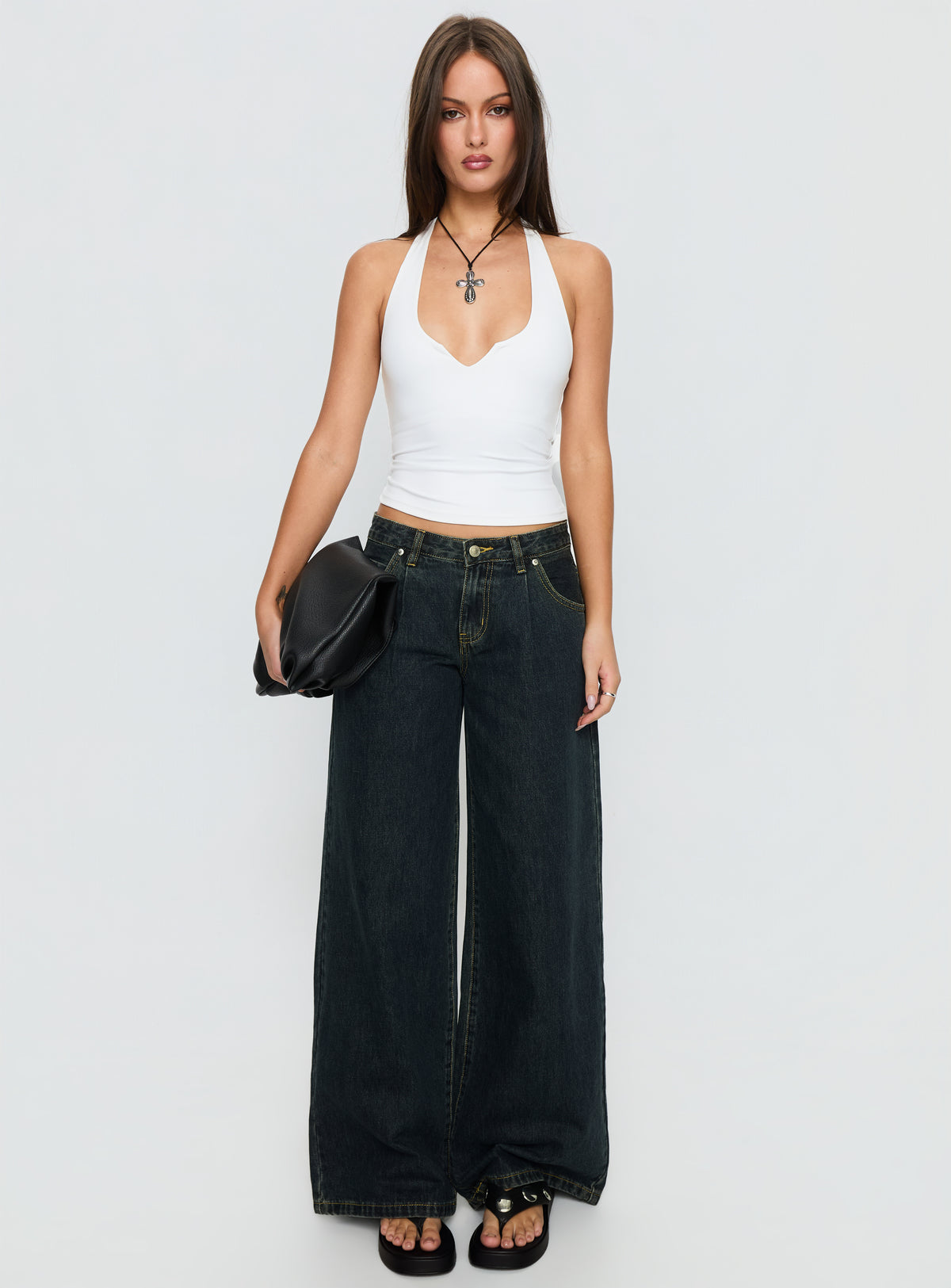 front view of model wearing Princess Polly Supercut Low Rise Baggy Pleat Jeans Grunge Wash Low Rise Jeans 