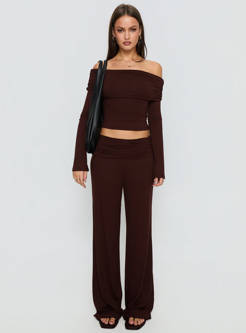 front view of model wearing Princess Polly Fawne Ruched Folded Pants Brown Mid Rise Pants Pants 