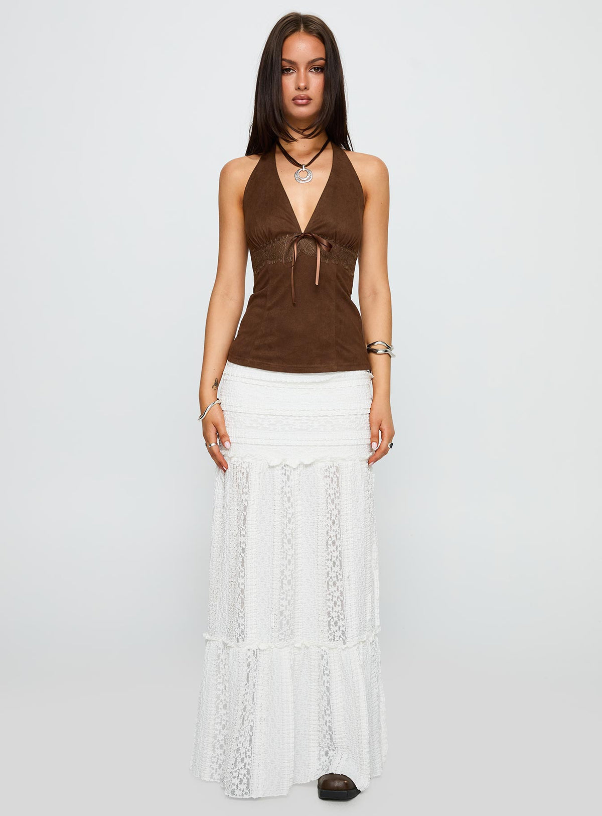 front view of model wearing Princess Polly Dance For You Faux Suede Halter Top Brown Sleeveless V-Neck 