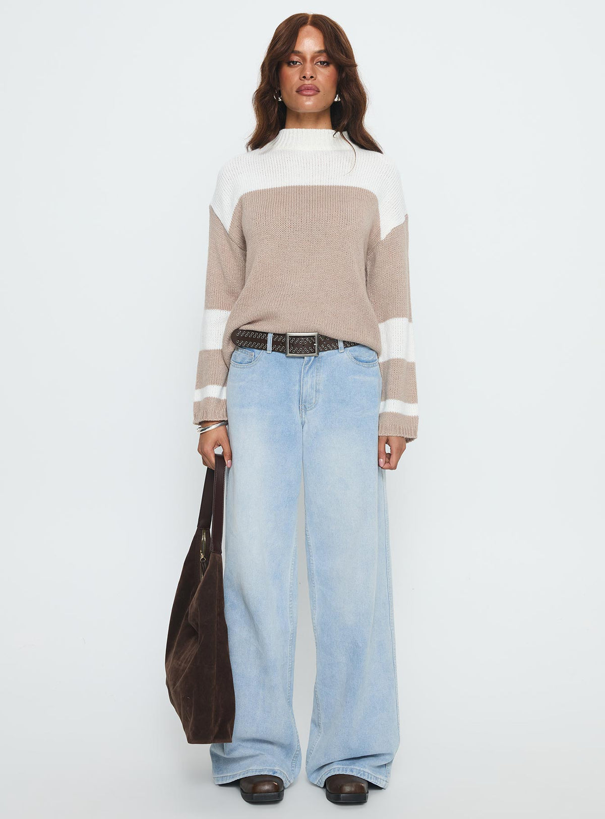 side view of model wearing Princess Polly Brandalyn Contrast Mock Neck Knit Sweater Multi Jumpers 