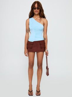 front view of model wearing Princess Polly Impulse Ruched One Shoulder Top Blue Sleeveless Asymmetric Neckline 