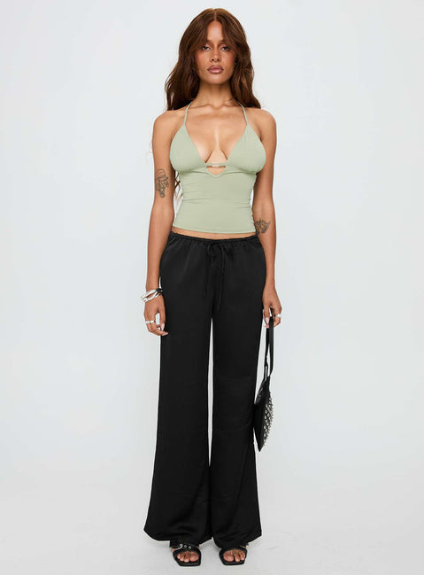 front view of model wearing Princess Polly Norwalk Plunge Neck Top Sage Sleeveless Plunger 